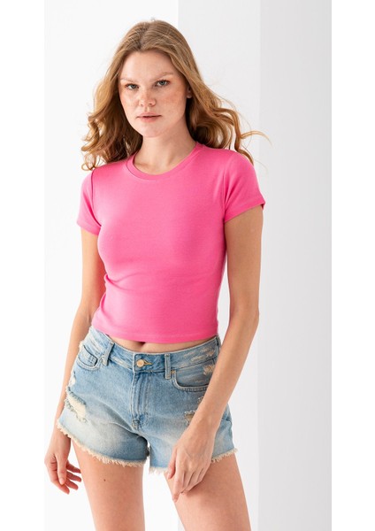 Kadın Bisiklet Yaka Pamuklu Basic Body Pembe - 25873