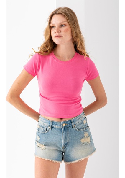 Kadın Bisiklet Yaka Pamuklu Basic Body Pembe - 25873