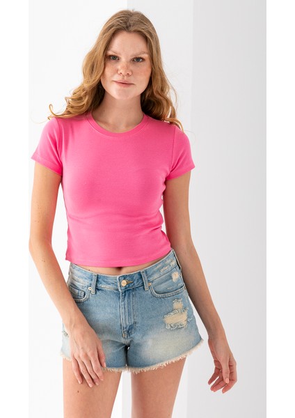 Kadın Bisiklet Yaka Pamuklu Basic Body Pembe - 25873