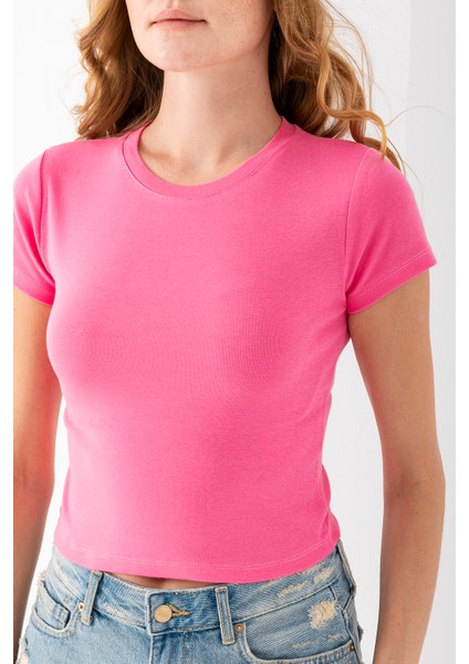 Kadın Bisiklet Yaka Pamuklu Basic Body Pembe - 25873