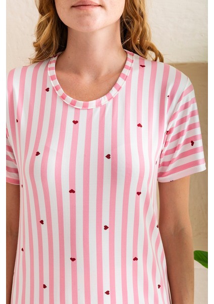 Kadın Bisiklet Yaka Kısa Kollu Çizgili Pijama Takım Pembe - 6016 indirimleri