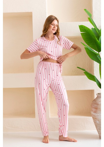 Kadın Bisiklet Yaka Kısa Kollu Çizgili Pijama Takım Pembe - 6016