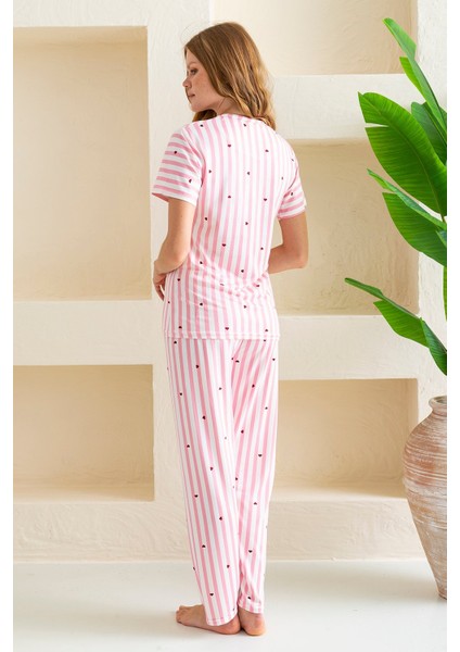 Kadın Bisiklet Yaka Kısa Kollu Çizgili Pijama Takım Pembe - 6016