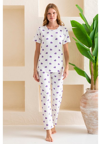 Kadın Bisiklet Yaka Kısa Kollu Kalp Desenli Pijama Takım Beyaz Mor - 6016
