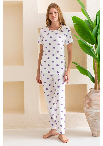 Kadın Bisiklet Yaka Kısa Kollu Kalp Desenli Pijama Takım Beyaz Mor - 6016