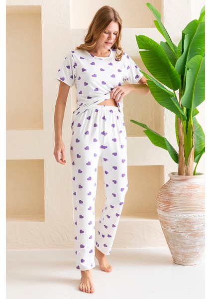 Kadın Bisiklet Yaka Kısa Kollu Kalp Desenli Pijama Takım Beyaz Mor - 6016