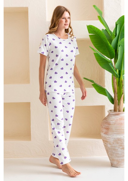 Kadın Bisiklet Yaka Kısa Kollu Kalp Desenli Pijama Takım Beyaz Mor - 6016