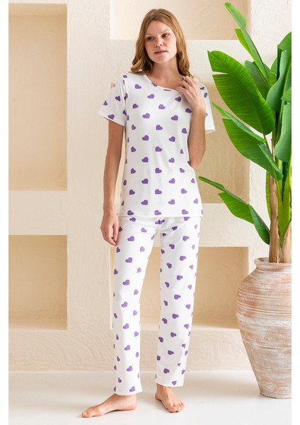 Kadın Bisiklet Yaka Kısa Kollu Kalp Desenli Pijama Takım Beyaz Mor - 6016