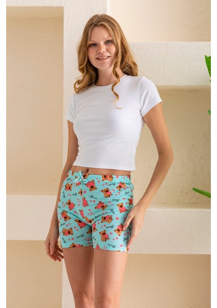 Kadın Beli Lastikli Desenli Şort Pijama Altı Açık Mavi - 2027