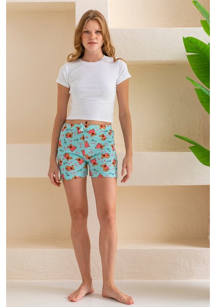 Kadın Beli Lastikli Desenli Şort Pijama Altı Açık Mavi - 2027 fiyatları