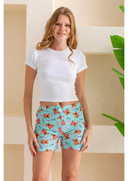 Kadın Beli Lastikli Desenli Şort Pijama Altı Açık Mavi - 2027 fırsatları
