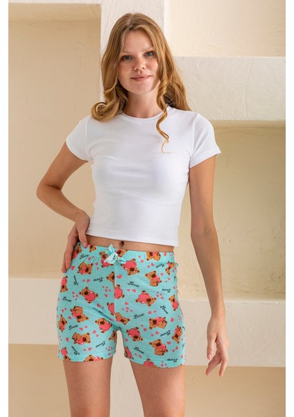 Kadın Beli Lastikli Desenli Şort Pijama Altı Açık Mavi - 2027 indirimleri