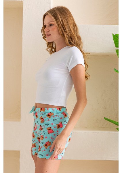 Kadın Beli Lastikli Desenli Şort Pijama Altı Açık Mavi - 2027