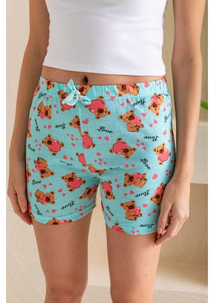 Kadın Beli Lastikli Desenli Şort Pijama Altı Açık Mavi - 2027
