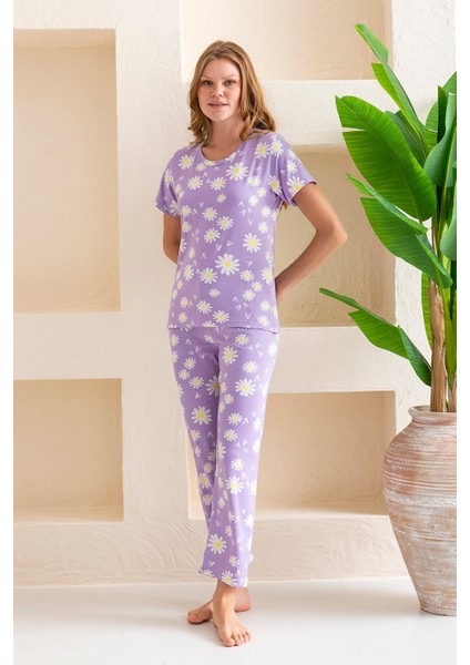 Kadın Bisiklet Yaka Kısa Kollu Çiçek Desenli Pijama Takım Mor - 6016