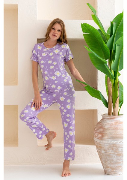 Kadın Bisiklet Yaka Kısa Kollu Çiçek Desenli Pijama Takım Mor - 6016