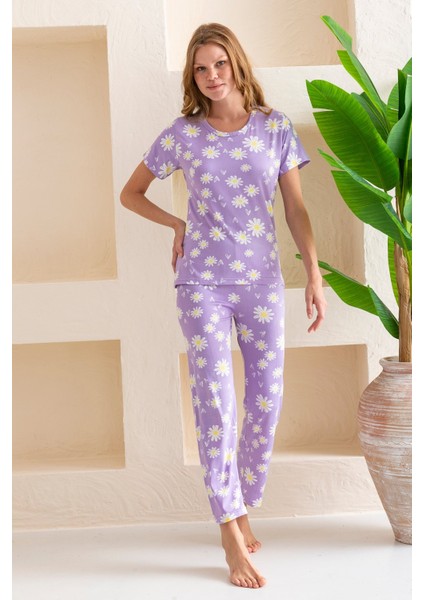 Kadın Bisiklet Yaka Kısa Kollu Çiçek Desenli Pijama Takım Mor - 6016