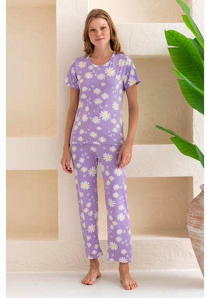 Kadın Bisiklet Yaka Kısa Kollu Çiçek Desenli Pijama Takım Mor - 6016
