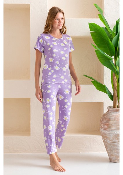 Kadın Bisiklet Yaka Kısa Kollu Çiçek Desenli Pijama Takım Mor - 6016