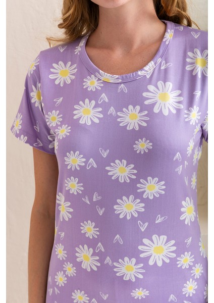 Kadın Bisiklet Yaka Kısa Kollu Çiçek Desenli Pijama Takım Mor - 6016