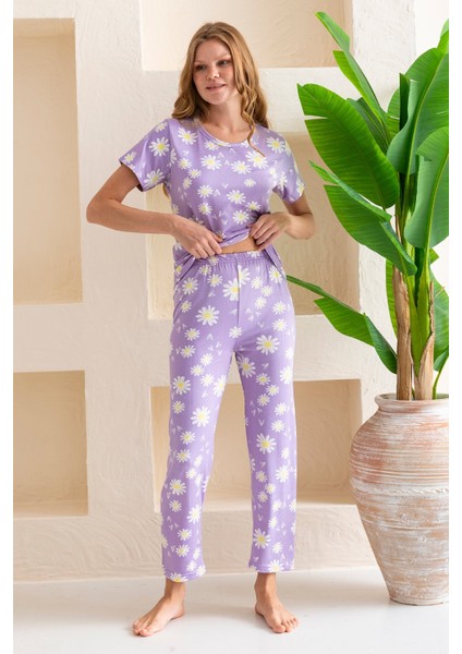 Kadın Bisiklet Yaka Kısa Kollu Çiçek Desenli Pijama Takım Mor - 6016