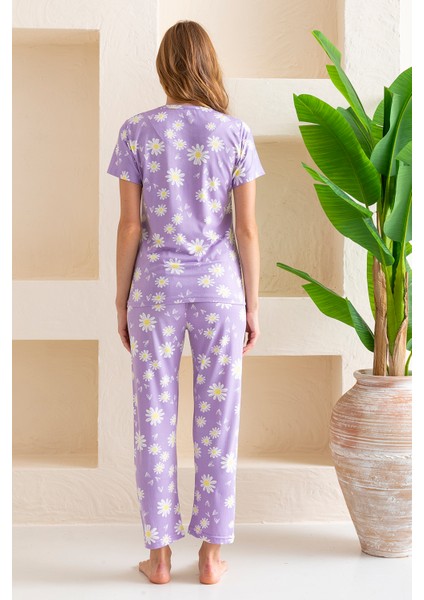 Kadın Bisiklet Yaka Kısa Kollu Çiçek Desenli Pijama Takım Mor - 6016