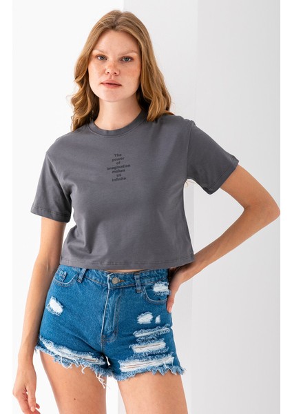 Kadın Bisiklet Yaka The Power Of Baskılı T-Shirt Antrasit - 925026 modelleri