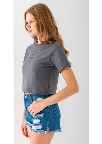 Kadın Bisiklet Yaka The Power Of Baskılı T-Shirt Antrasit - 925026 indirimleri