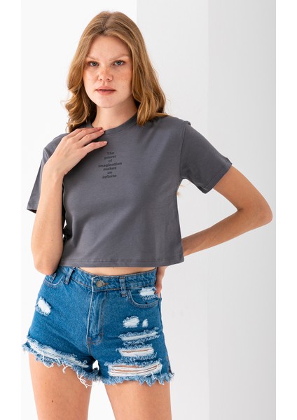 Kadın Bisiklet Yaka The Power Of Baskılı T-Shirt Antrasit - 925026