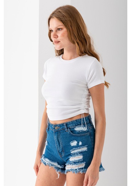 Kadın Bisiklet Yaka Yanı Stoperli Crop T-Shirt Beyaz - 25514