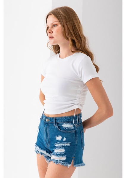 Kadın Bisiklet Yaka Yanı Stoperli Crop T-Shirt Beyaz - 25514 fiyatları
