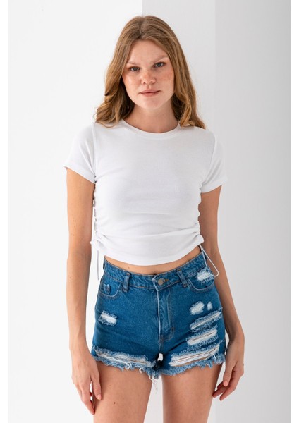 Kadın Bisiklet Yaka Yanı Stoperli Crop T-Shirt Beyaz - 25514 modelleri