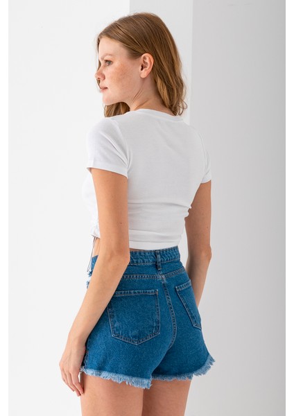 Kadın Bisiklet Yaka Yanı Stoperli Crop T-Shirt Beyaz - 25514