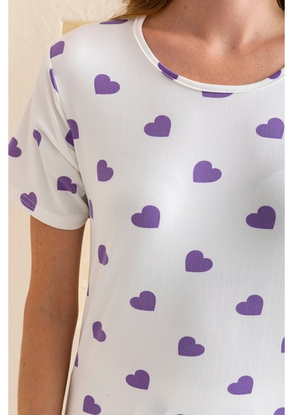 Kadın Bisiklet Yaka Kısa Kollu Kalp Desenli Pijama Takım Beyaz Mor - 6016