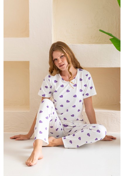 Kadın Bisiklet Yaka Kısa Kollu Kalp Desenli Pijama Takım Beyaz Mor - 6016