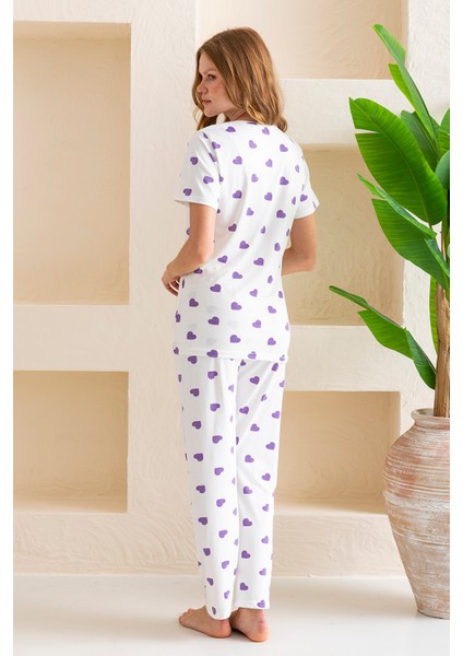 Kadın Bisiklet Yaka Kısa Kollu Kalp Desenli Pijama Takım Beyaz Mor - 6016