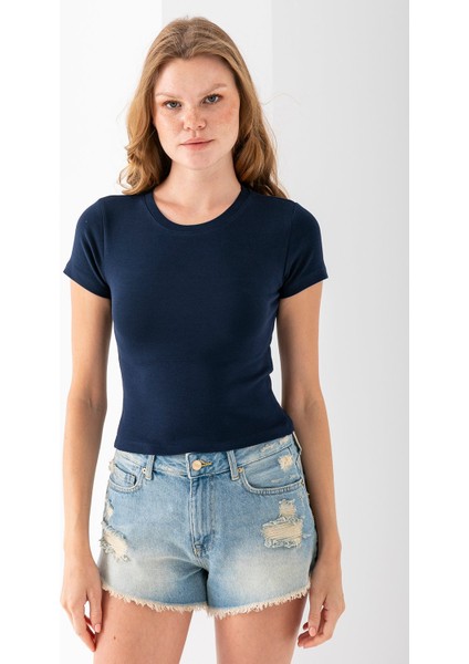 Kadın Bisiklet Yaka Pamuklu Basic Body Lacivert - 25873