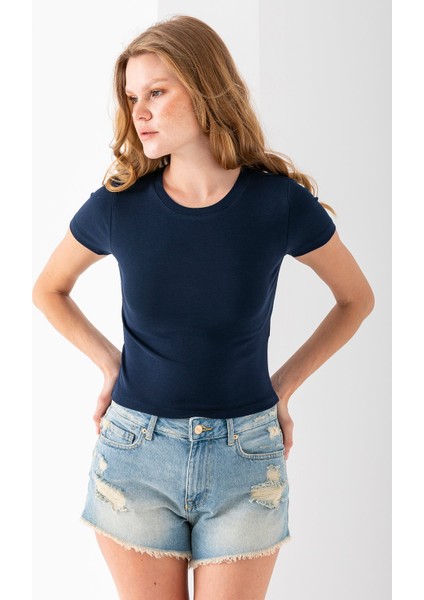 Kadın Bisiklet Yaka Pamuklu Basic Body Lacivert - 25873