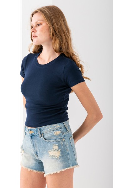 Kadın Bisiklet Yaka Pamuklu Basic Body Lacivert - 25873