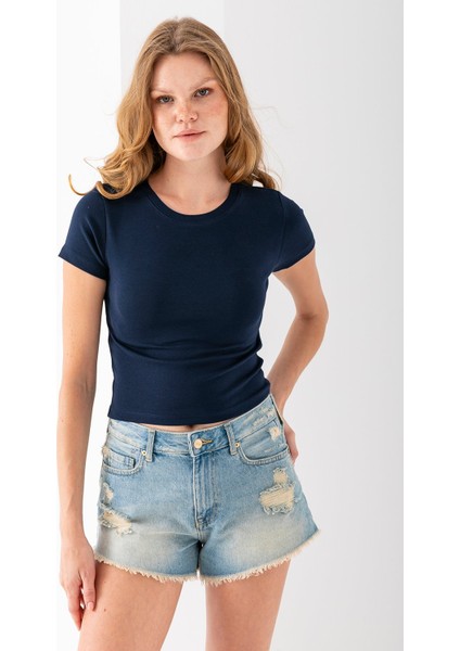 Kadın Bisiklet Yaka Pamuklu Basic Body Lacivert - 25873