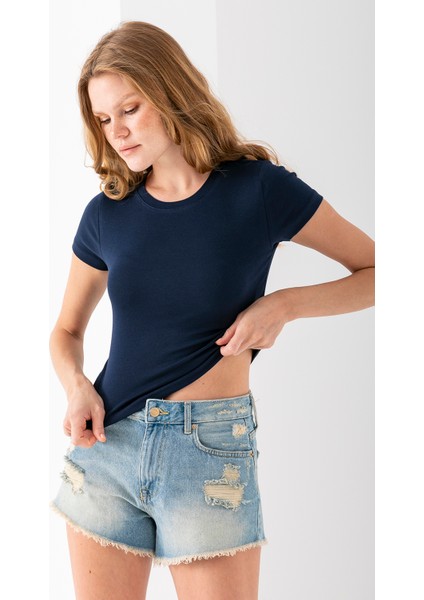 Kadın Bisiklet Yaka Pamuklu Basic Body Lacivert - 25873
