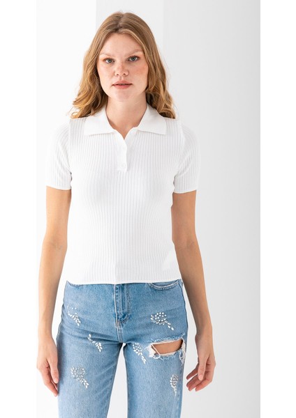 Kadın Polo Yaka Düğme Detaylı Triko Basic T-Shirt Beyaz - 4057