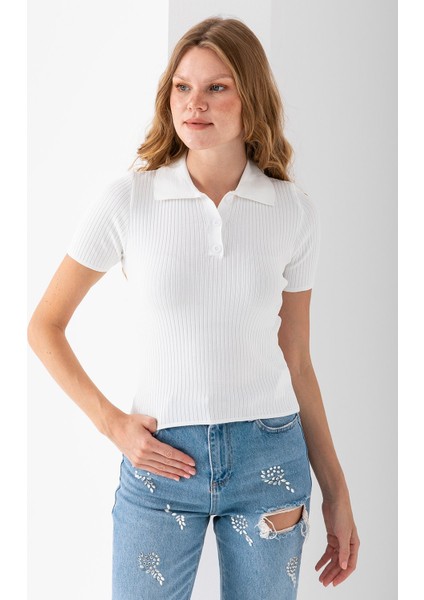 Kadın Polo Yaka Düğme Detaylı Triko Basic T-Shirt Beyaz - 4057 fiyatları