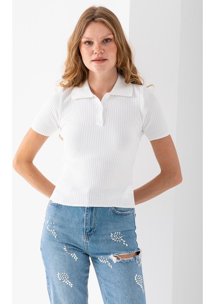 Kadın Polo Yaka Düğme Detaylı Triko Basic T-Shirt Beyaz - 4057 modelleri