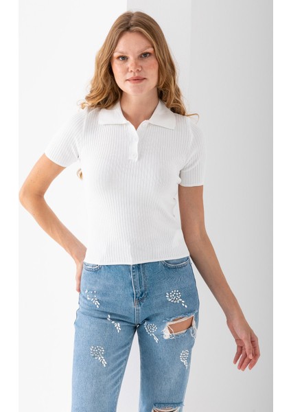 Kadın Polo Yaka Düğme Detaylı Triko Basic T-Shirt Beyaz - 4057 fırsatları