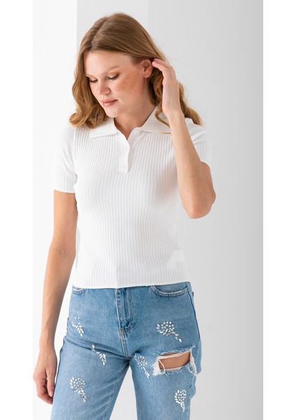 Kadın Polo Yaka Düğme Detaylı Triko Basic T-Shirt Beyaz - 4057