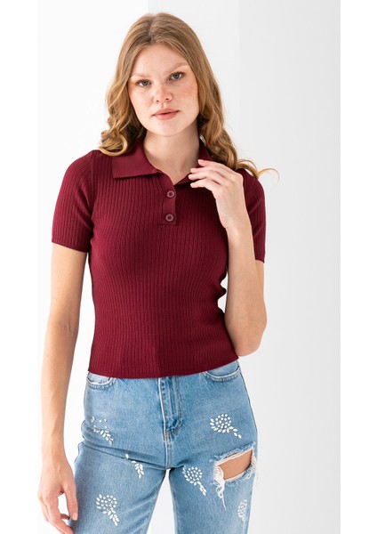 Kadın Polo Yaka Düğme Detaylı Triko Basic T-Shirt Bordo - 4057 modelleri