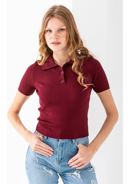 Kadın Polo Yaka Düğme Detaylı Triko Basic T-Shirt Bordo - 4057 fırsatları