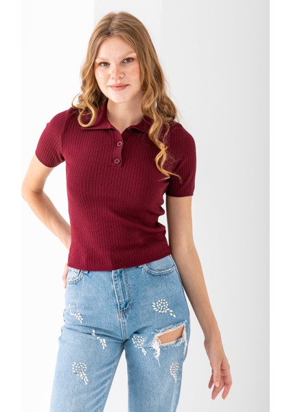 Kadın Polo Yaka Düğme Detaylı Triko Basic T-Shirt Bordo - 4057 indirimleri