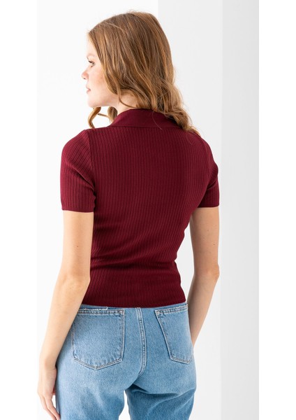 Kadın Polo Yaka Düğme Detaylı Triko Basic T-Shirt Bordo - 4057